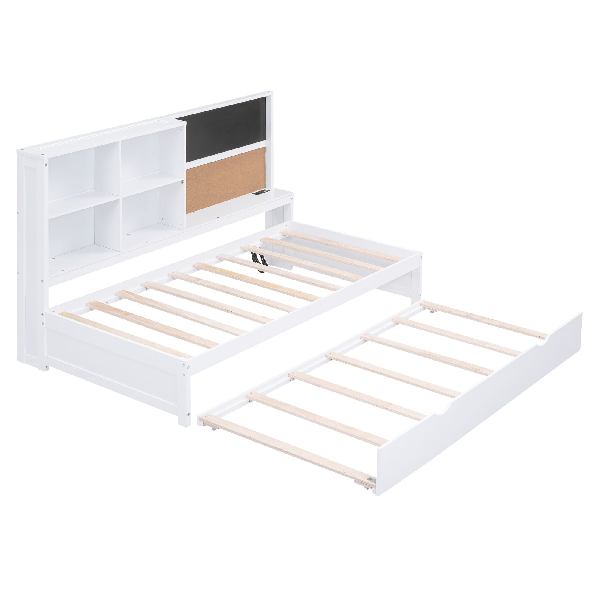 Twin Size Daybed With Storage Shelvesboard, Cork Board, USB Ports And Trundle - White