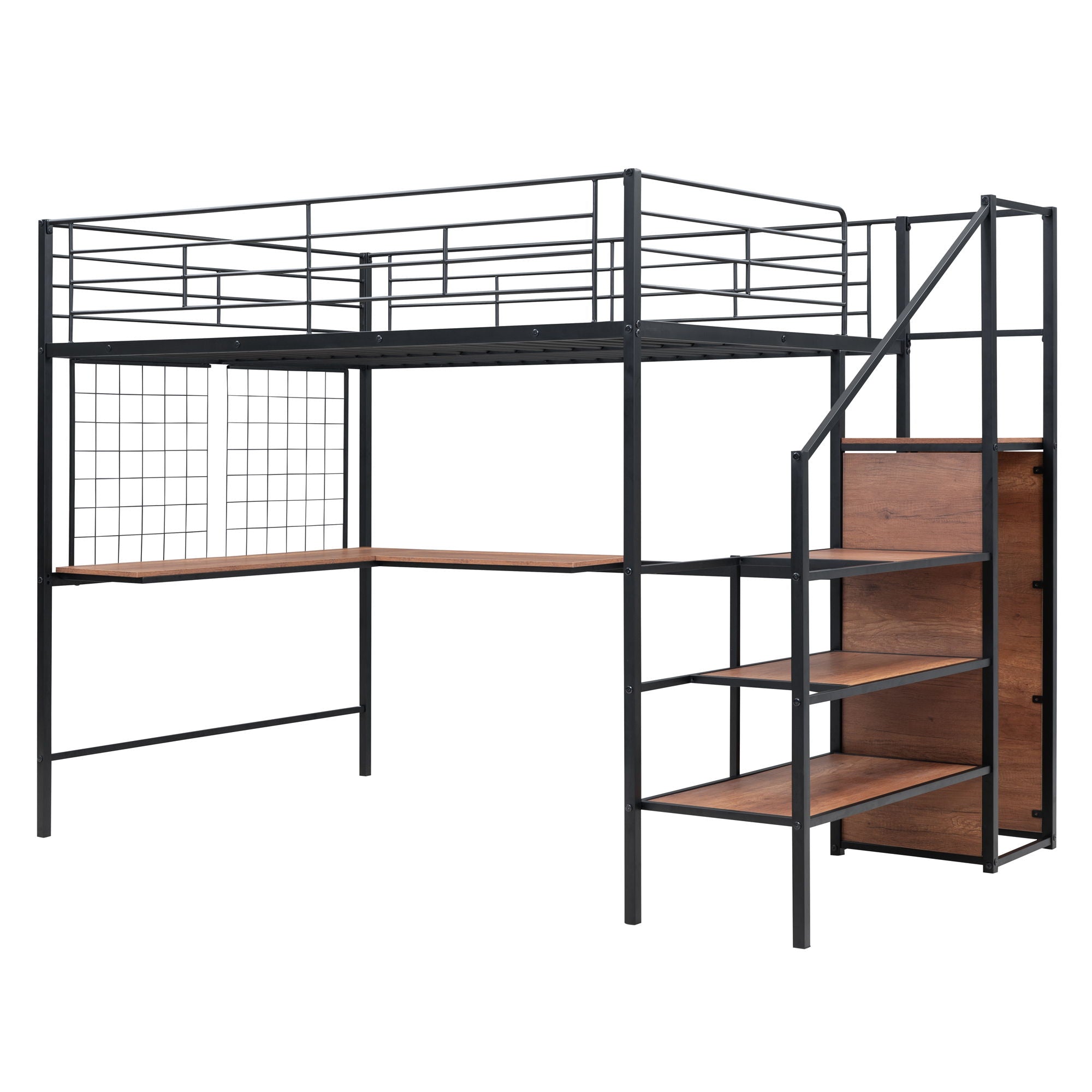 Loft Bed With Desk And Grid, Stylish Frame With Lateral Storage Ladder And Wardrobe