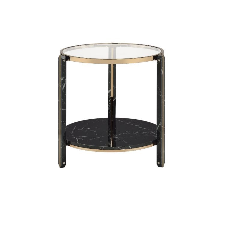 ACME Thistle - End Table - Clear Glass, Faux Black Marble & Champagne Finish | Meri Furniture