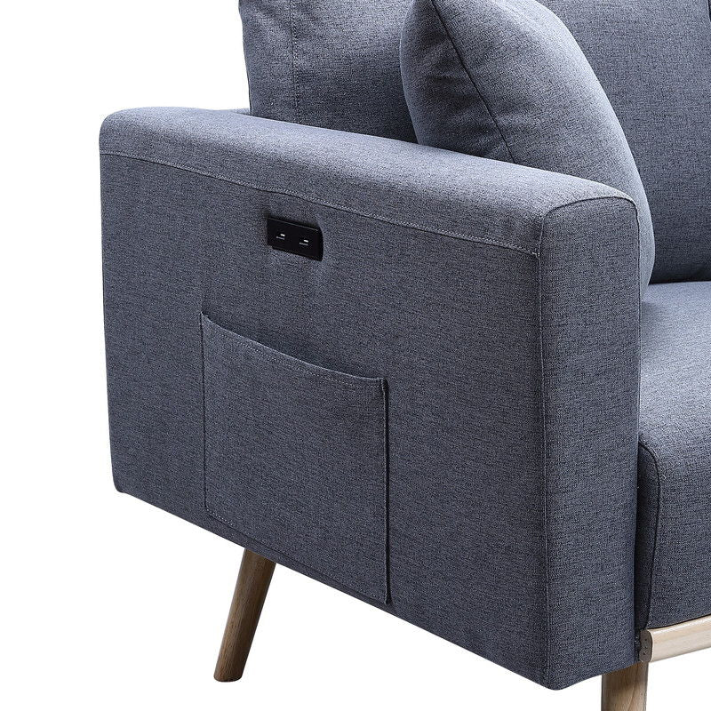 Easton 32.5"W Dark Gray Linen Fabric Chair with USB Charging Ports Pockets & Pillows