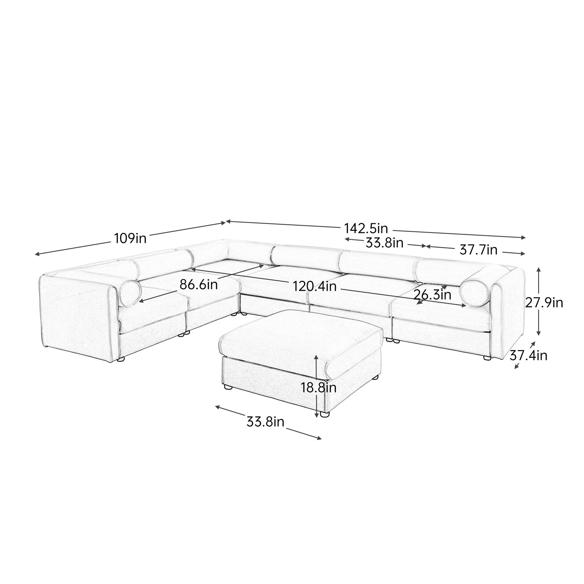 Contemporary Elegant White Chenille Sofa With Storage And Ottoman