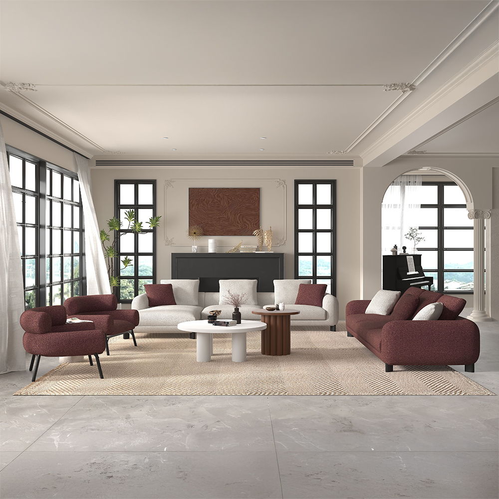 Mardi - Sectional Sofa With 6 Pillows - Maroon & Beige Tweed