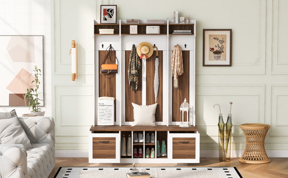 5 In 1 Entryway Bench With Coat Rack, 7 Sturdy Hooks, 2 Spacious Drawers And Adjustable Shelves