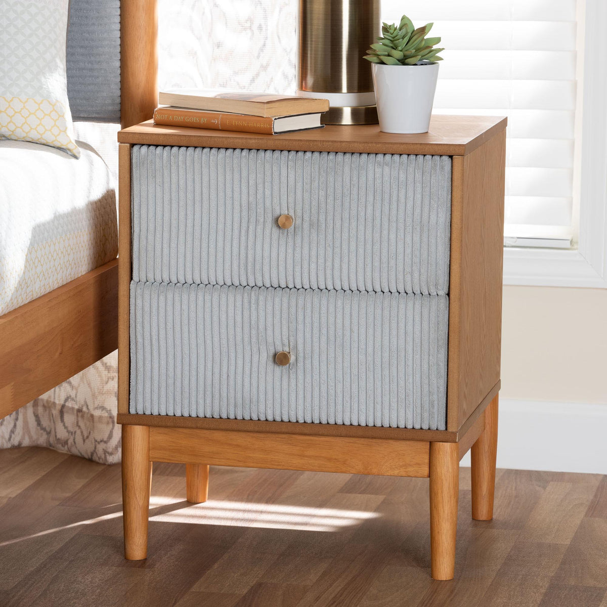 Taylin Mid-Century Grey Corduroy and Oak Brown Wood 2-Drawer Nightstand