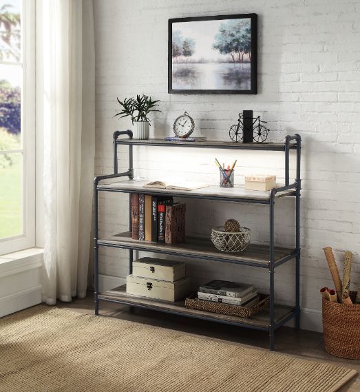 ACME Cordelia - Bookshelf - Led, Antique Oak, Sandy Black & Dark Bronze Hand-Brushed Finish | Meri Furniture