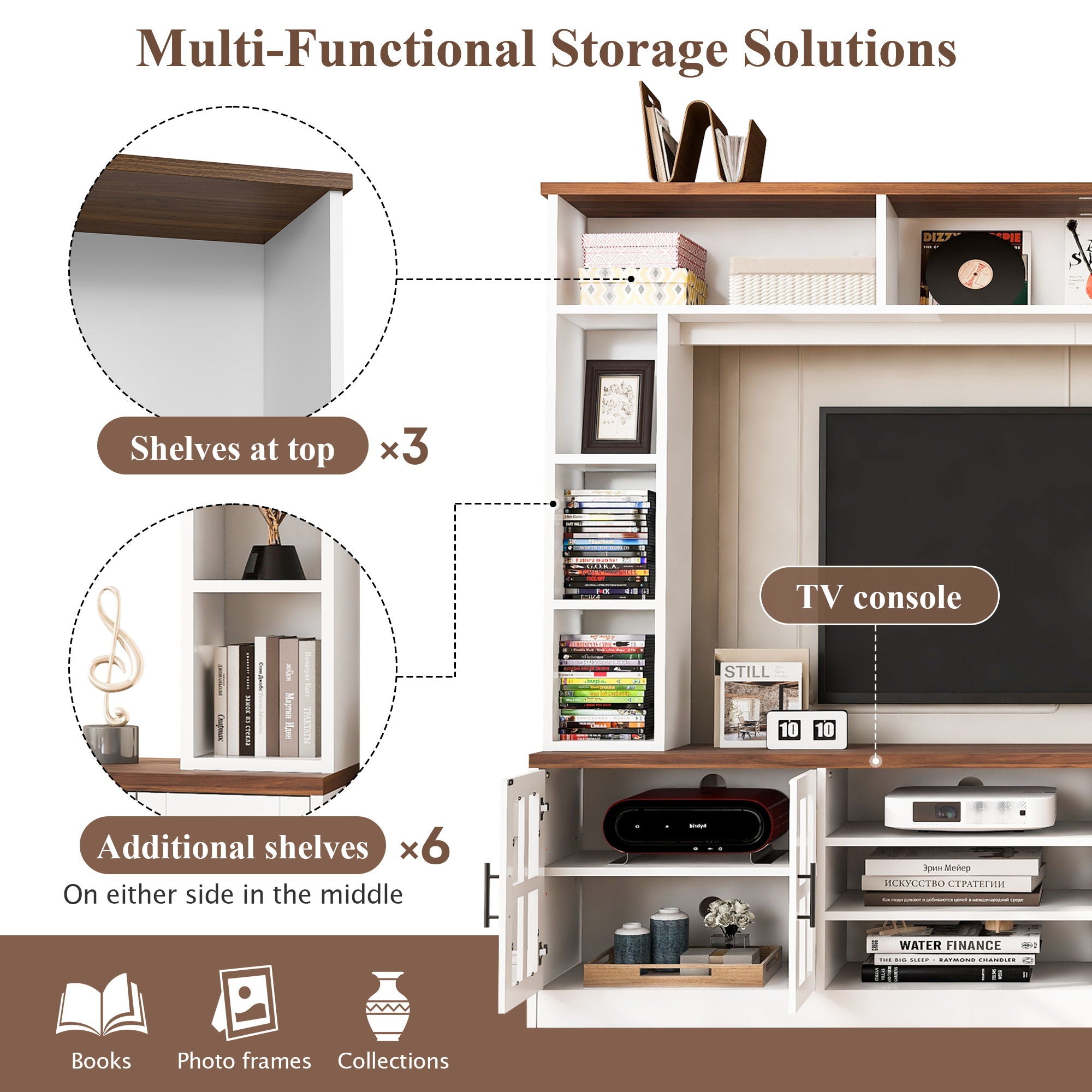 Wall Unit Entertainment Center With Bookshelves For TVs Up To 80", Tempered Glass Doors And Adjustable Shelves