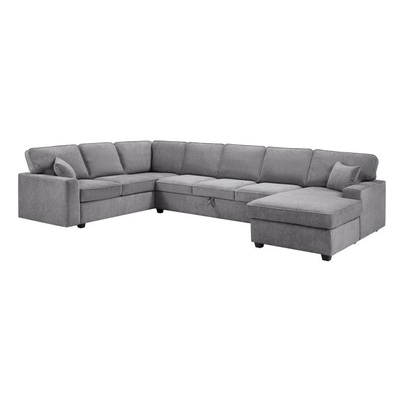 Samara 137"W Gray Chenille Sectional Sofa with Right-Facing Chaise, Underseat Storage, Throw Pillows