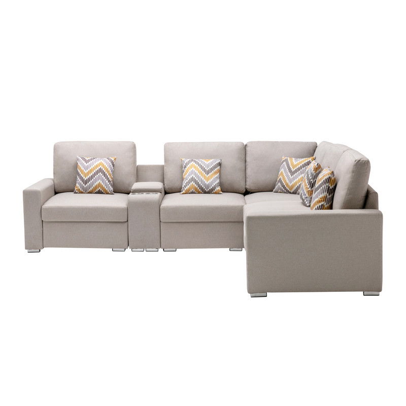 Nolan 106"W Beige Linen Fabric 6Pc Reversible Sectional Sofa with a USB, Charging Ports, Cupholders, Storage Console Table and Pillows and Interchangeable Legs