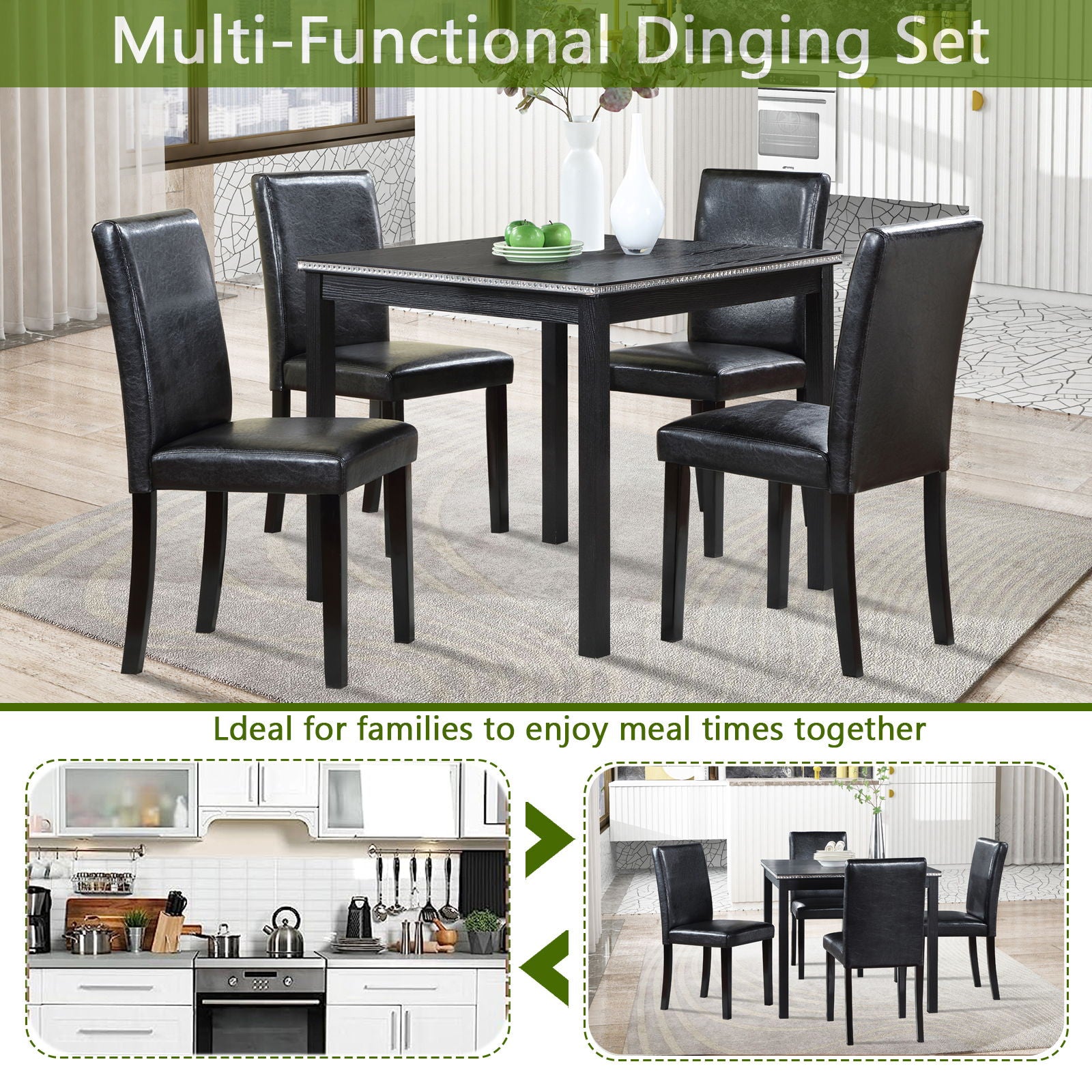 5 Pieces Wooden Dining Table Set, Square Table And 4 Upholstered Chairs