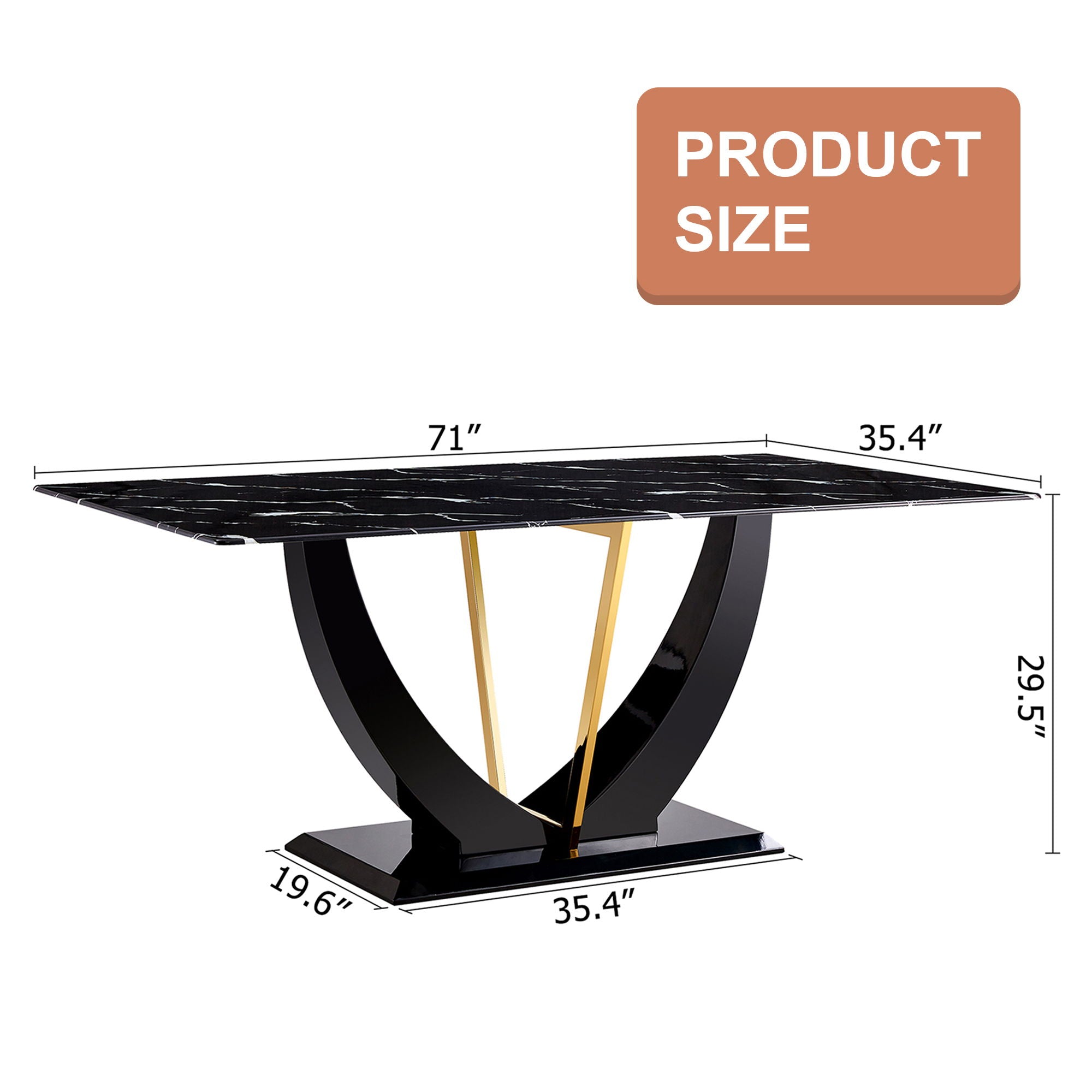 Modern Minimalist Luxurious Imitation Marble Dining Table Rectangular Office Desk With Tempered Glass - Black