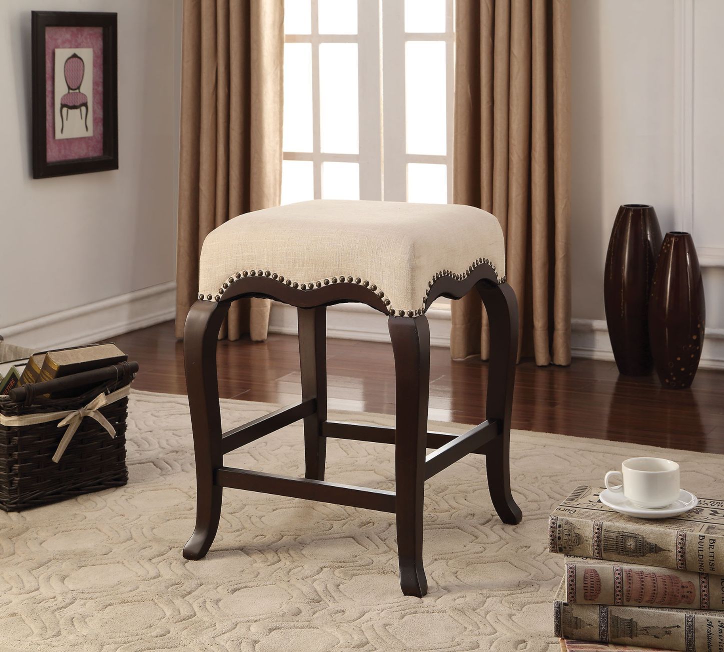 ACME Kakabel - Stool - Cream Fabric & Espresso | Meri Furniture
