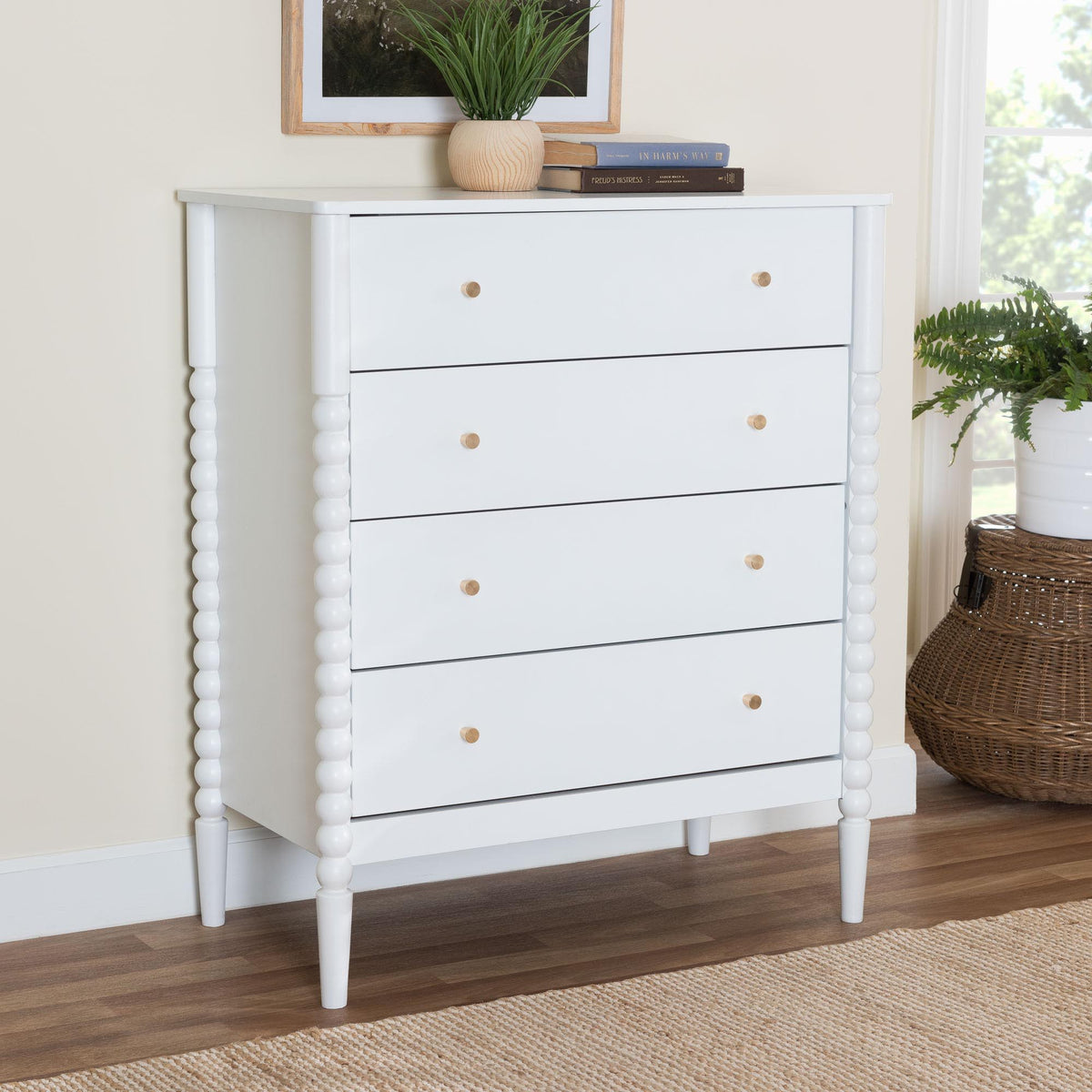 Lucera Mid-Century White Bobbin Wood 4-Drawer Chest