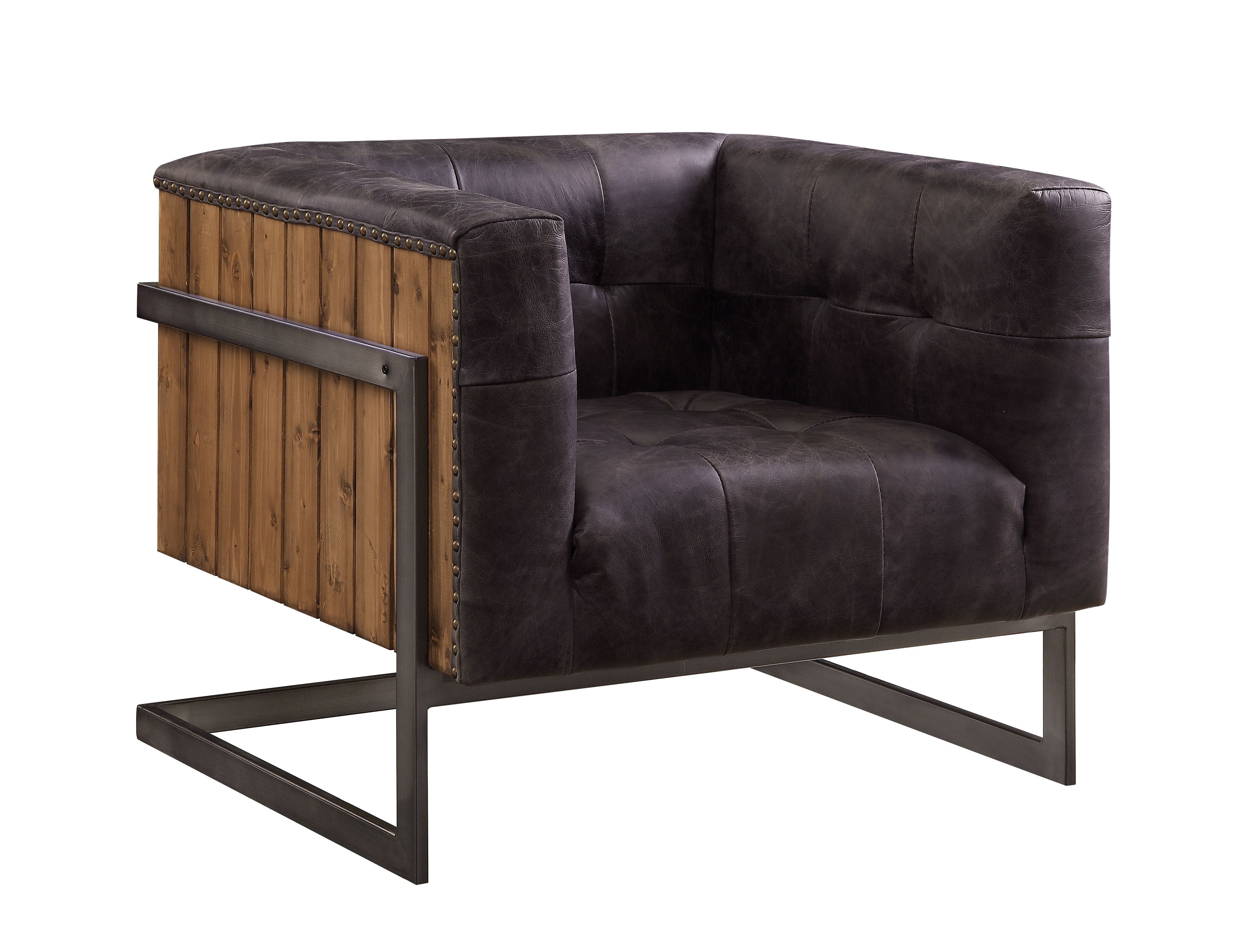 ACME Sagat - Accent Chair - Antique Ebony Top Grain Leather & Rustic Oak | Meri Furniture