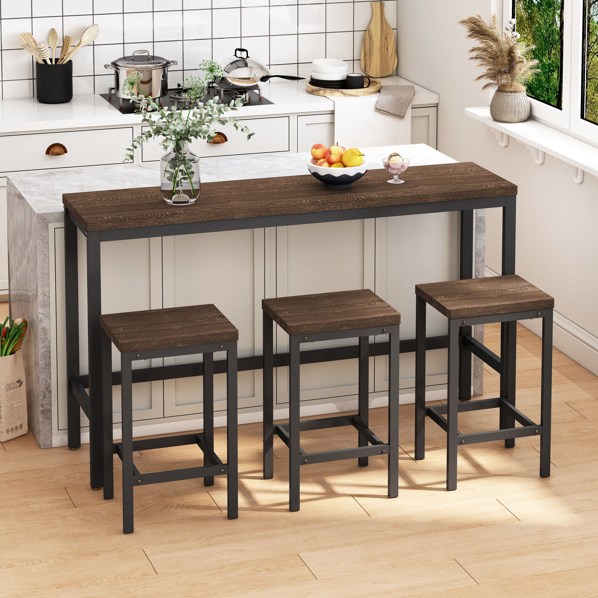 Modern Design Long Dining Table Set With 3 Stools
