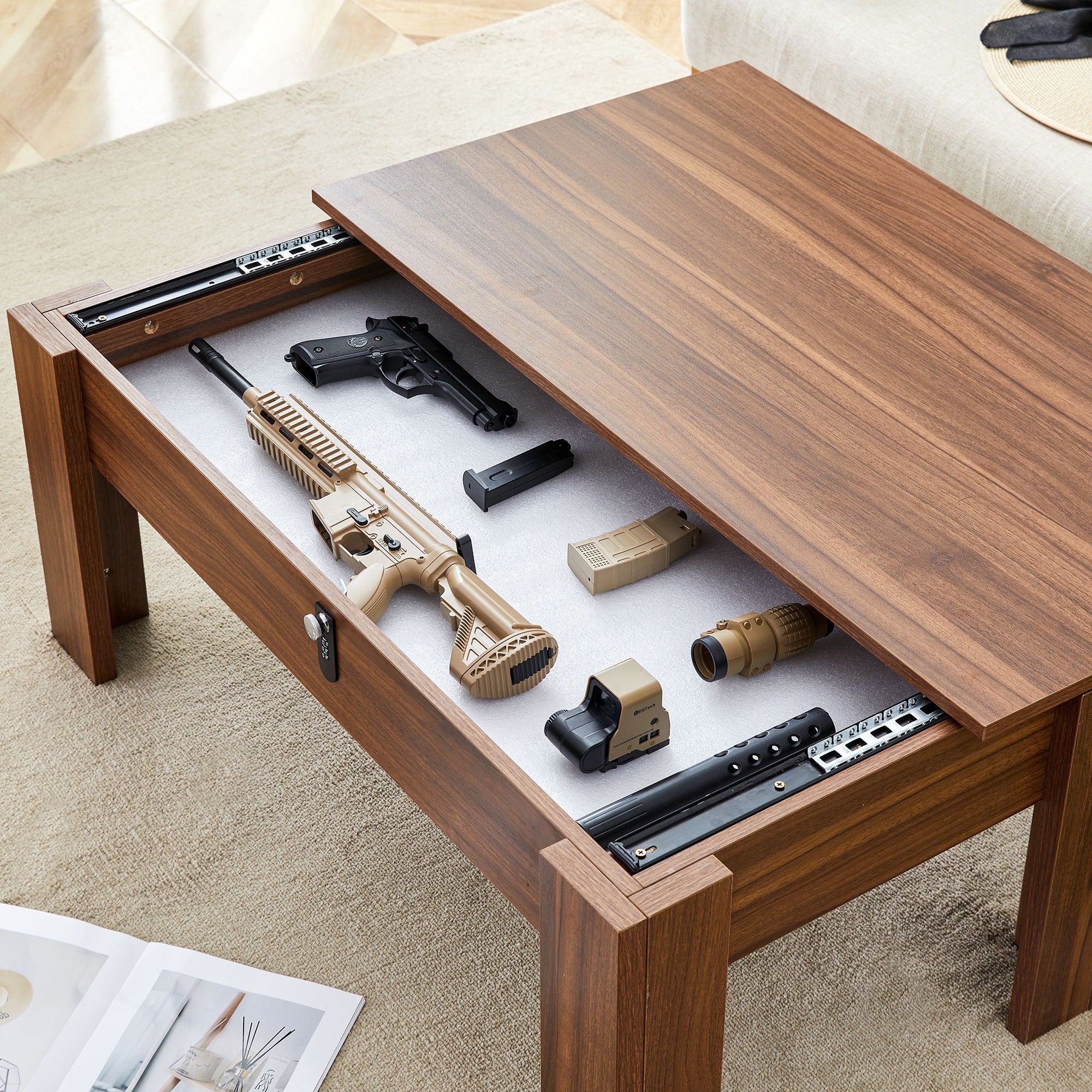 Multi Functional Coffee Table With Password Lock, Suitable For Storing Firearms And Wine - Walnut