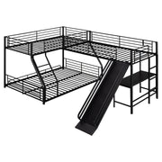 L-Shaped Twin Over Full Bunk Bed With Twin Loft, Built In Desk And Slide - Black