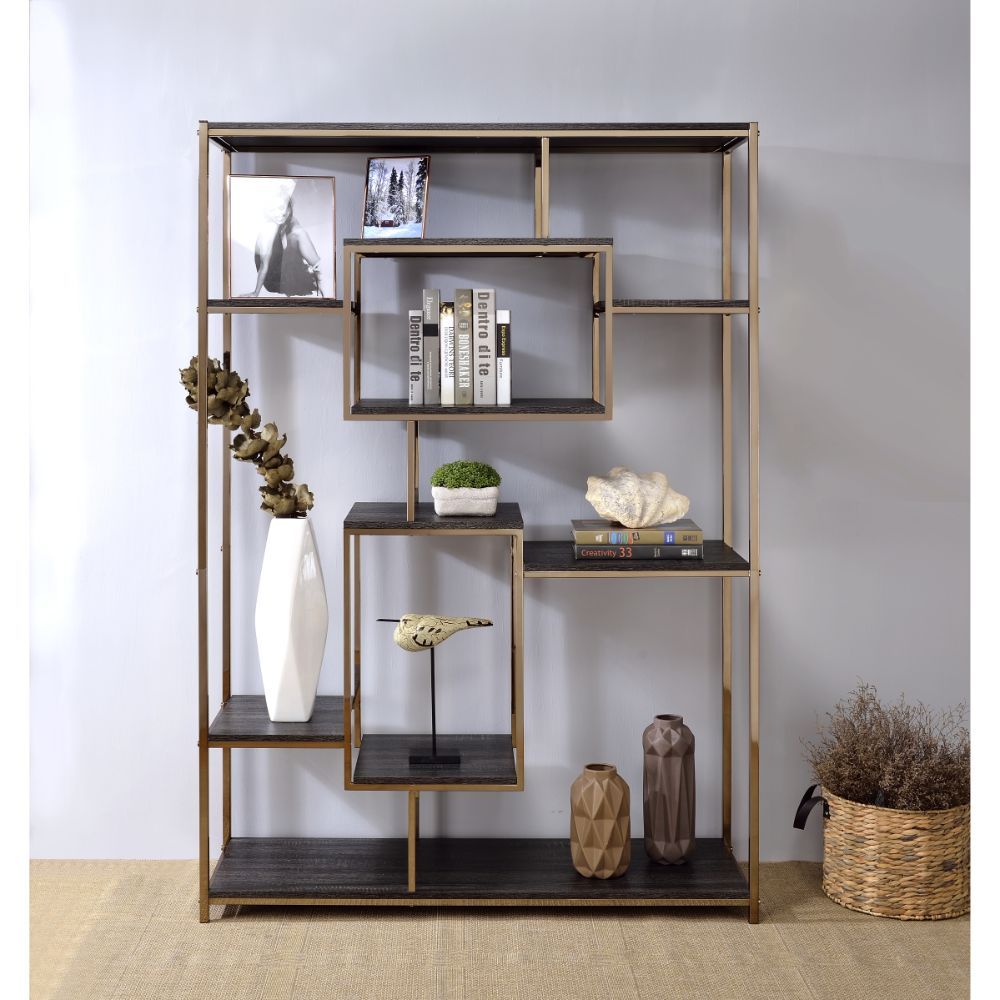 ACME Scaola - Bookshelf - Rustic Gray Oak & Champagne | Meri Furniture