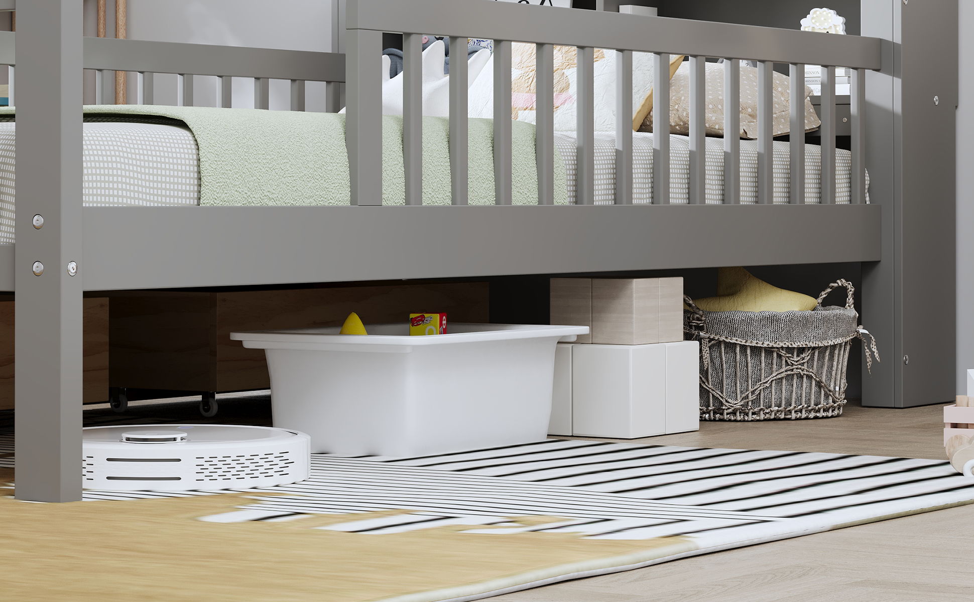 Bed With Headboard Storage Rack, 2 Under Bed Drawers, 3 Side Guardrails For Safety