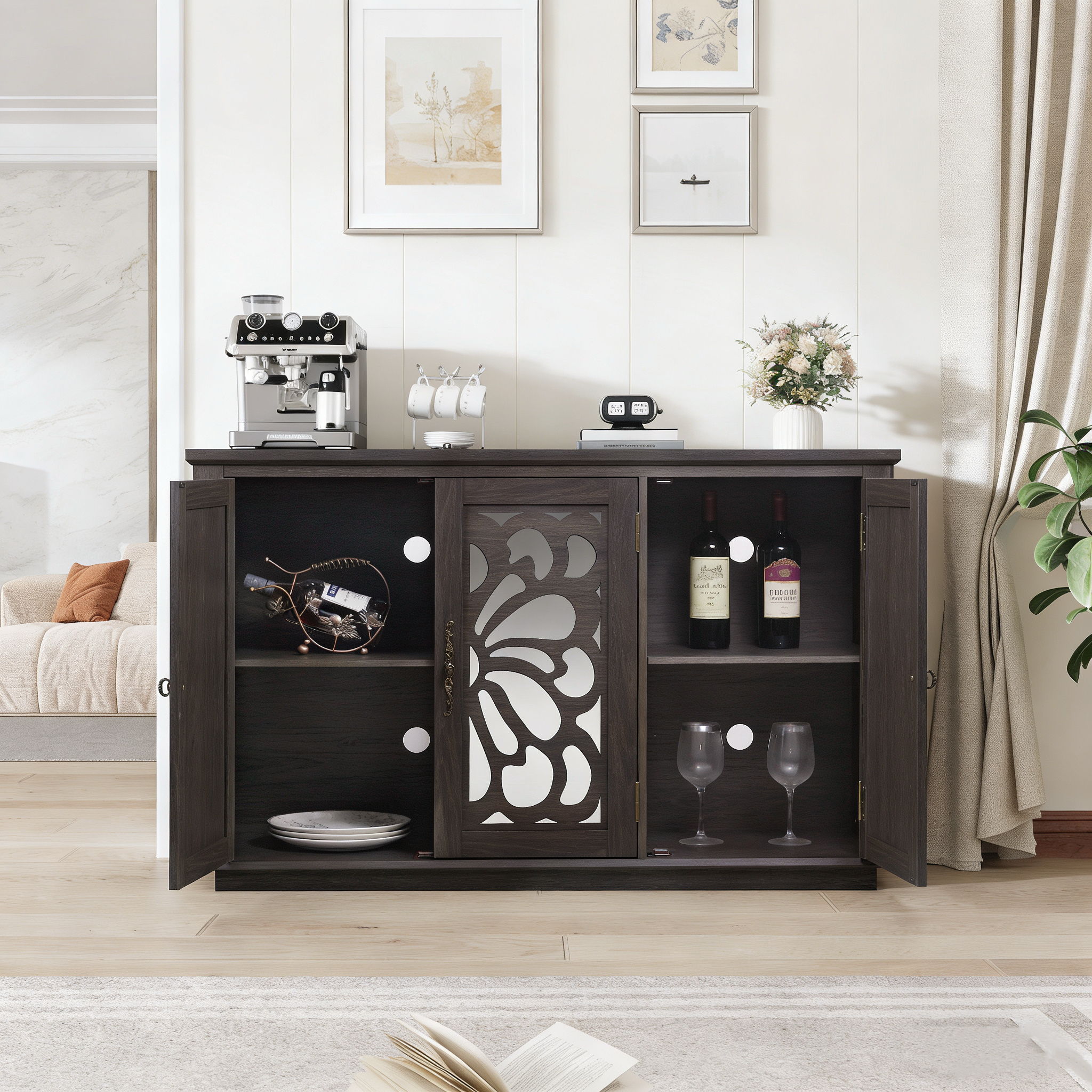 3 Door Mirrored Sideboard Cabinet With Adjustable Shelves