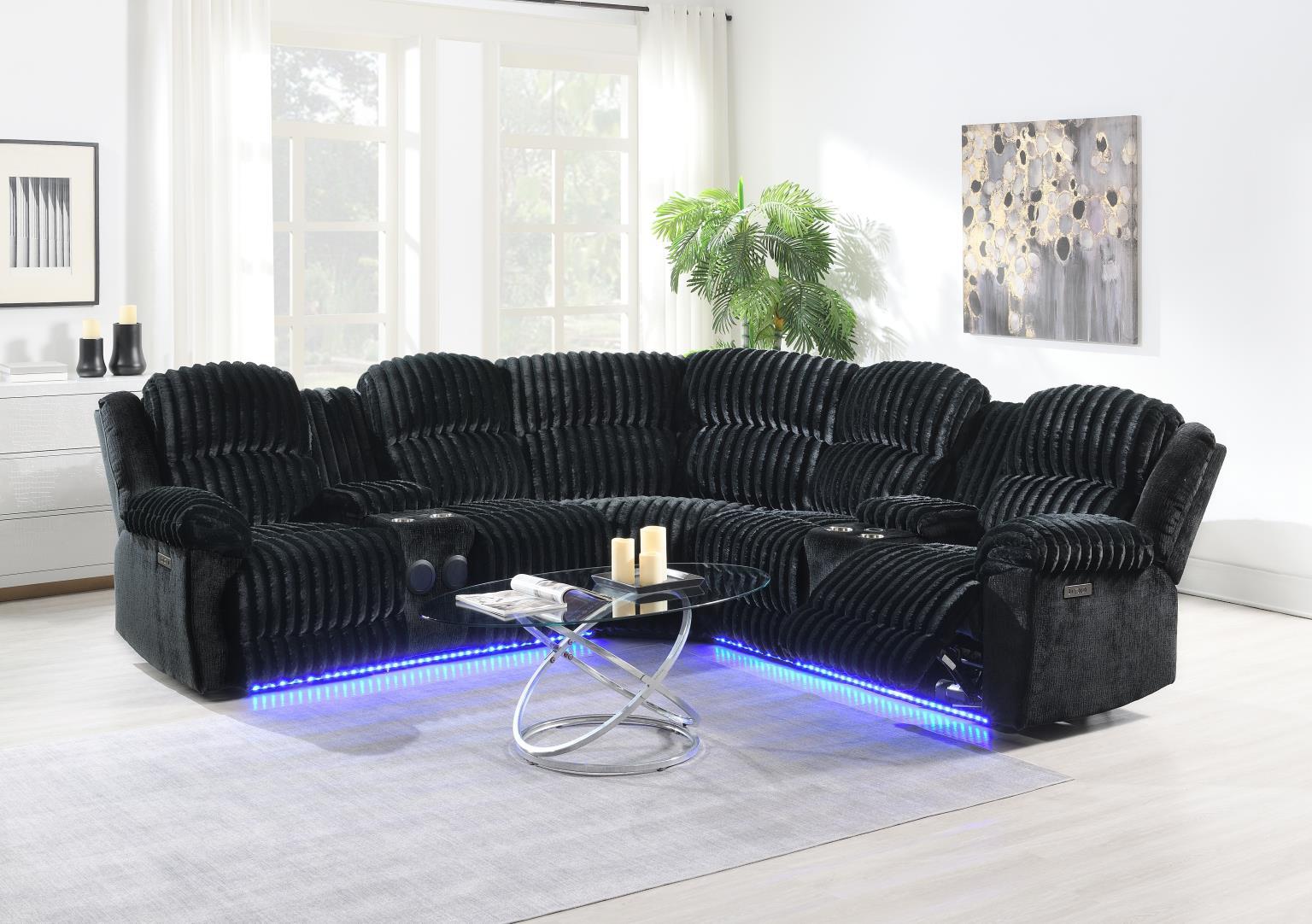 U60 - Corduroy Power 3 Piece Sectional With Bluetooth Speaker, And Wireless Charger - Black