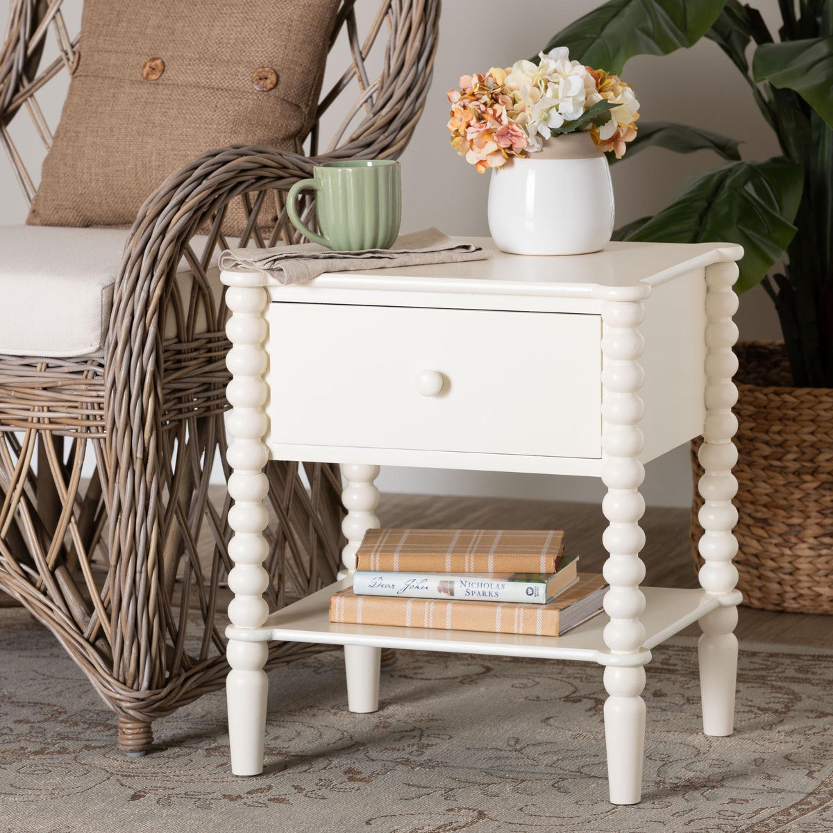 Rimona End Table with Bobbin Legs - 1-Drawer Accent Table with Spindle Turned Legs and Open Shelf, Cottage Farmhouse Style Side Table for Living Room