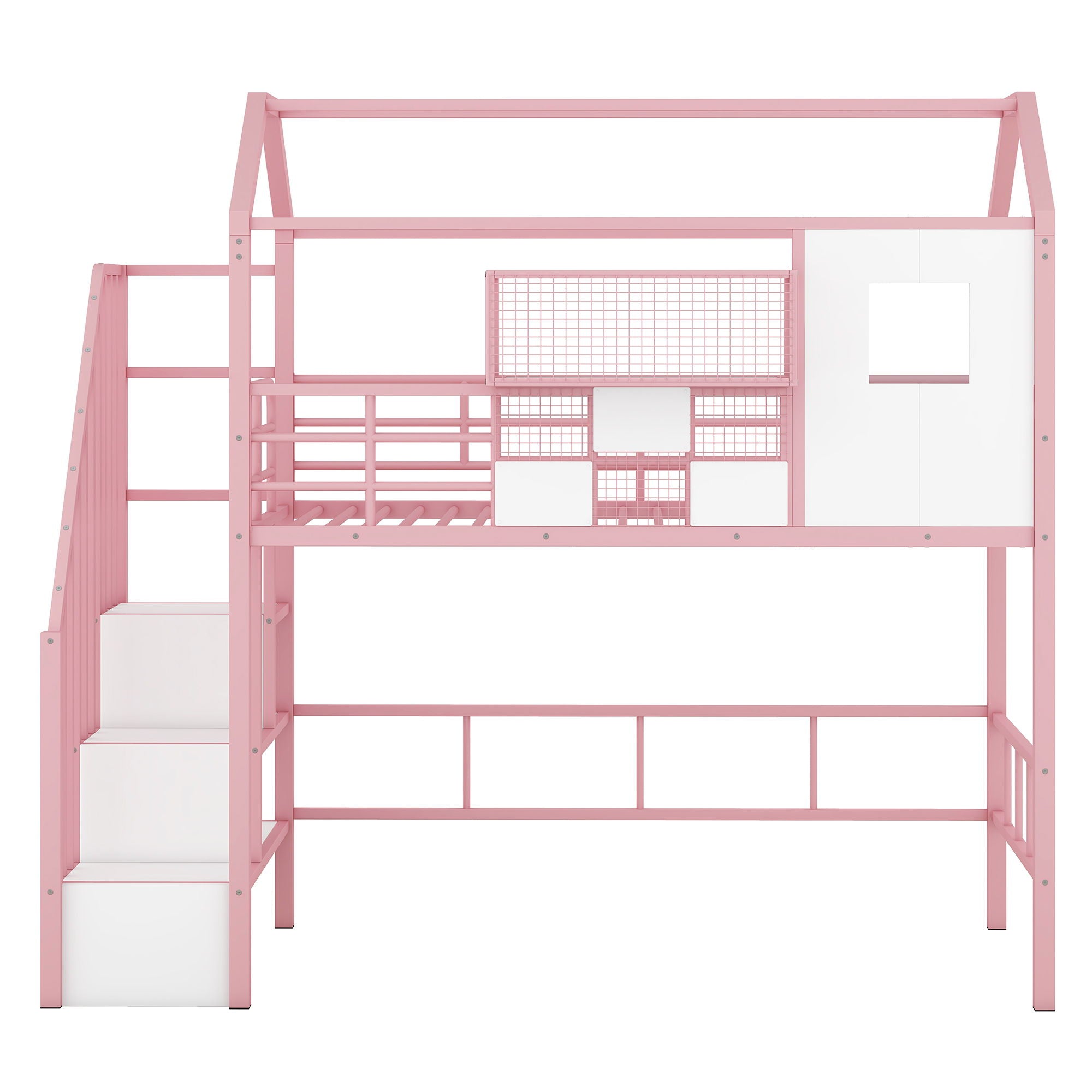 Metal Loft Bed With Roof Design And Storage Box With Guardrails And Integrated Ladder