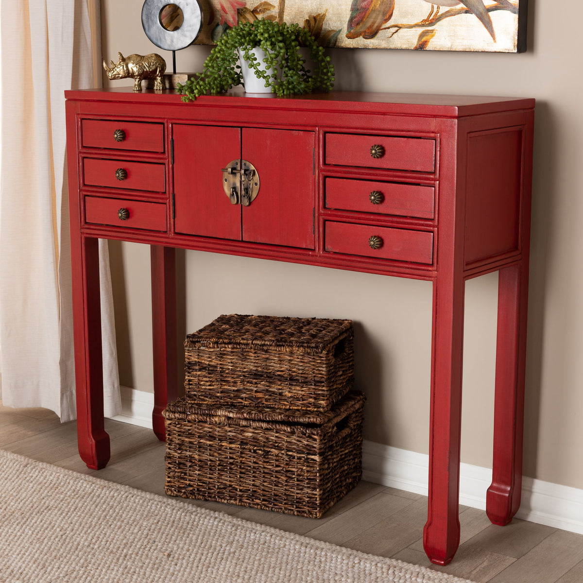Melodie Classic and Antique Red Finished Wood Bronze Finished Accents 6-Drawer Console Table