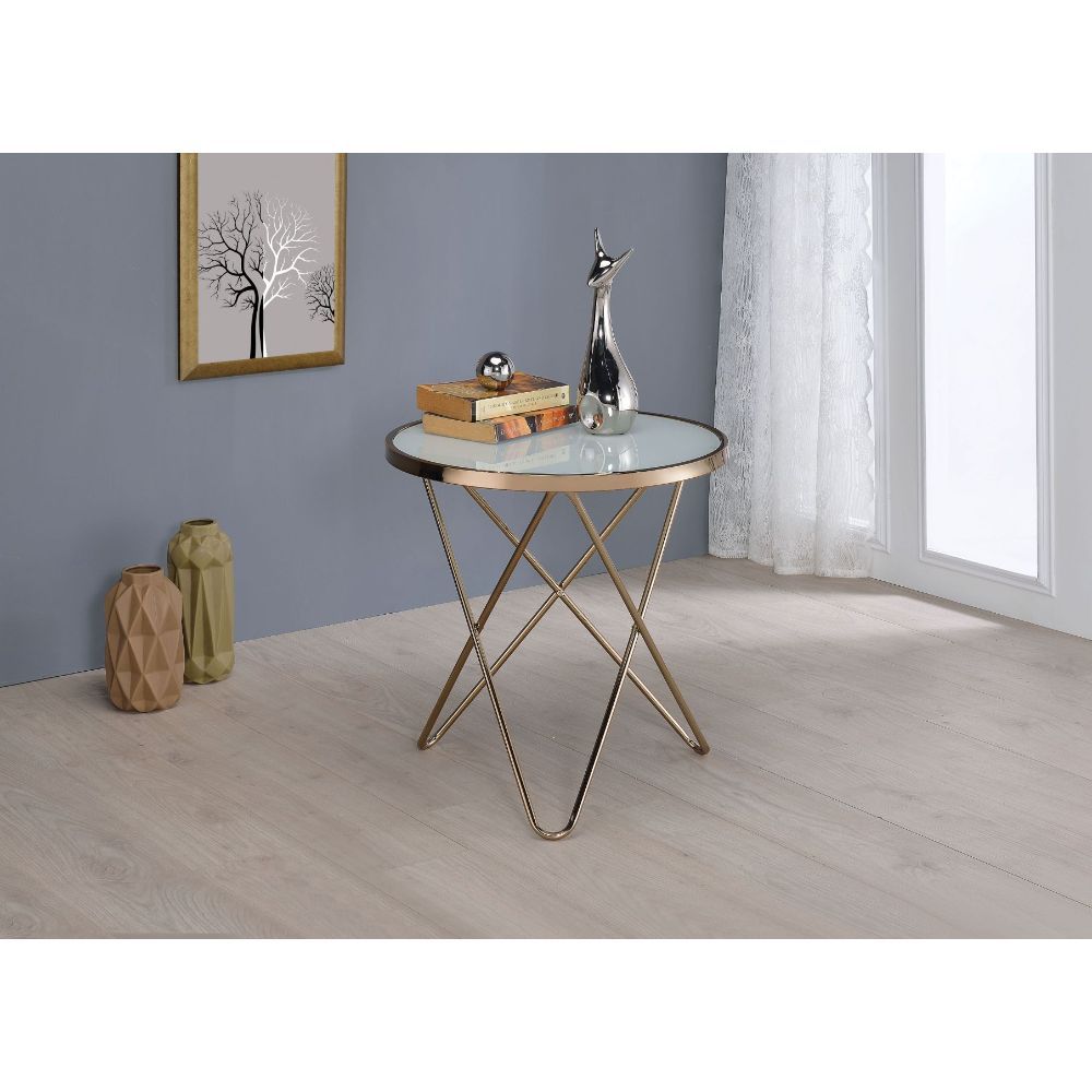 ACME Update your living room with a functional art piece. The Valora end table uses a mid-century inspired base and supports a framed frosted glass top. The collection works well as an eclectic feel. | Meri Furniture