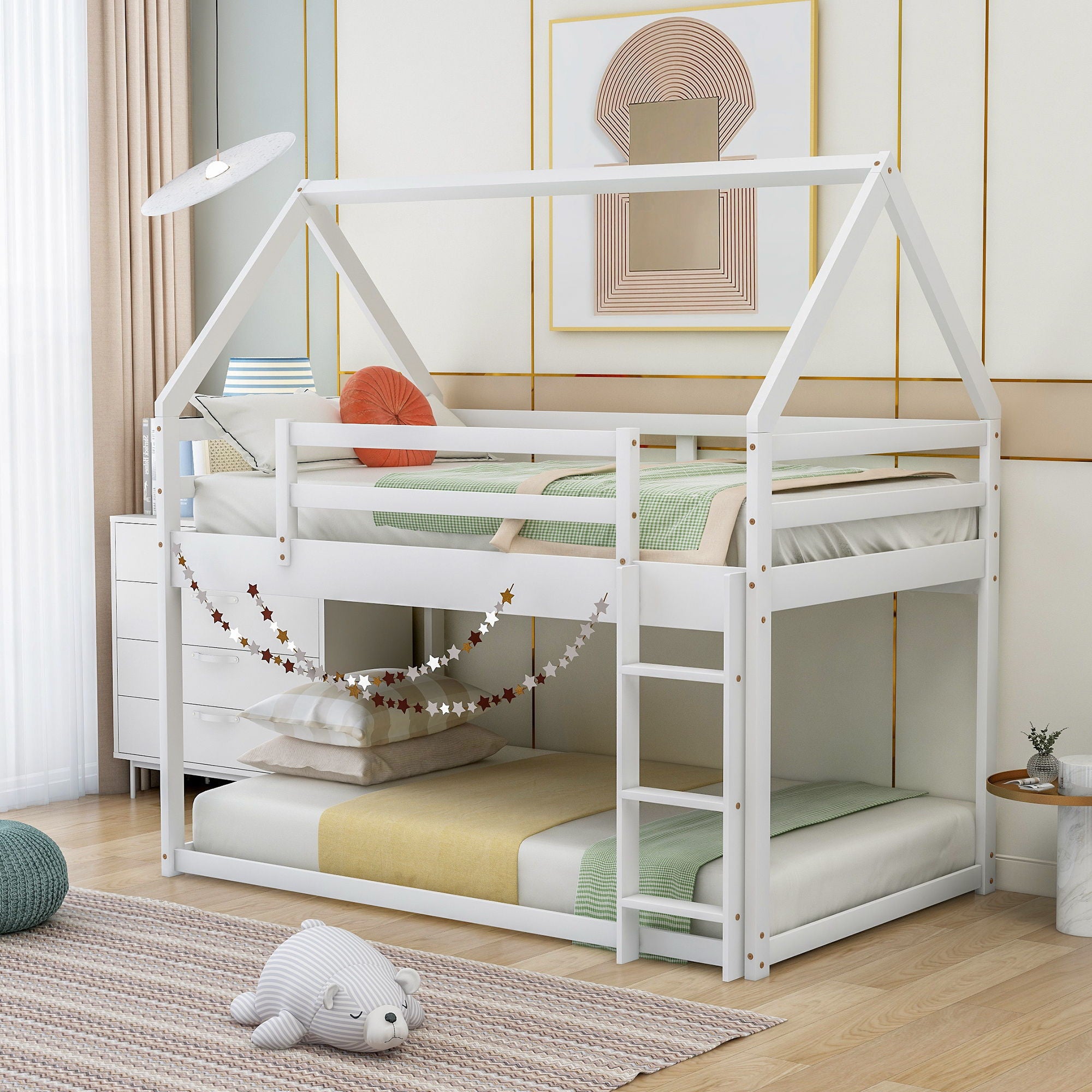 Low Bunk Bed With House Shaped Frame And Ladder
