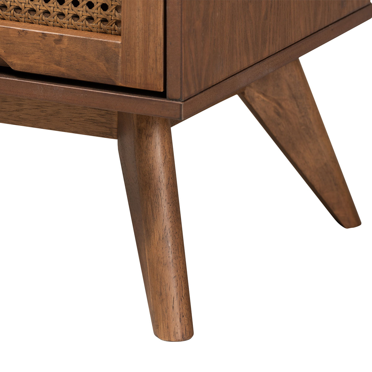 Rina Mid-Century Modern Ash Walnut Finished Wood 3-Piece Queen Size Bedroom Set with Synthetic Rattan