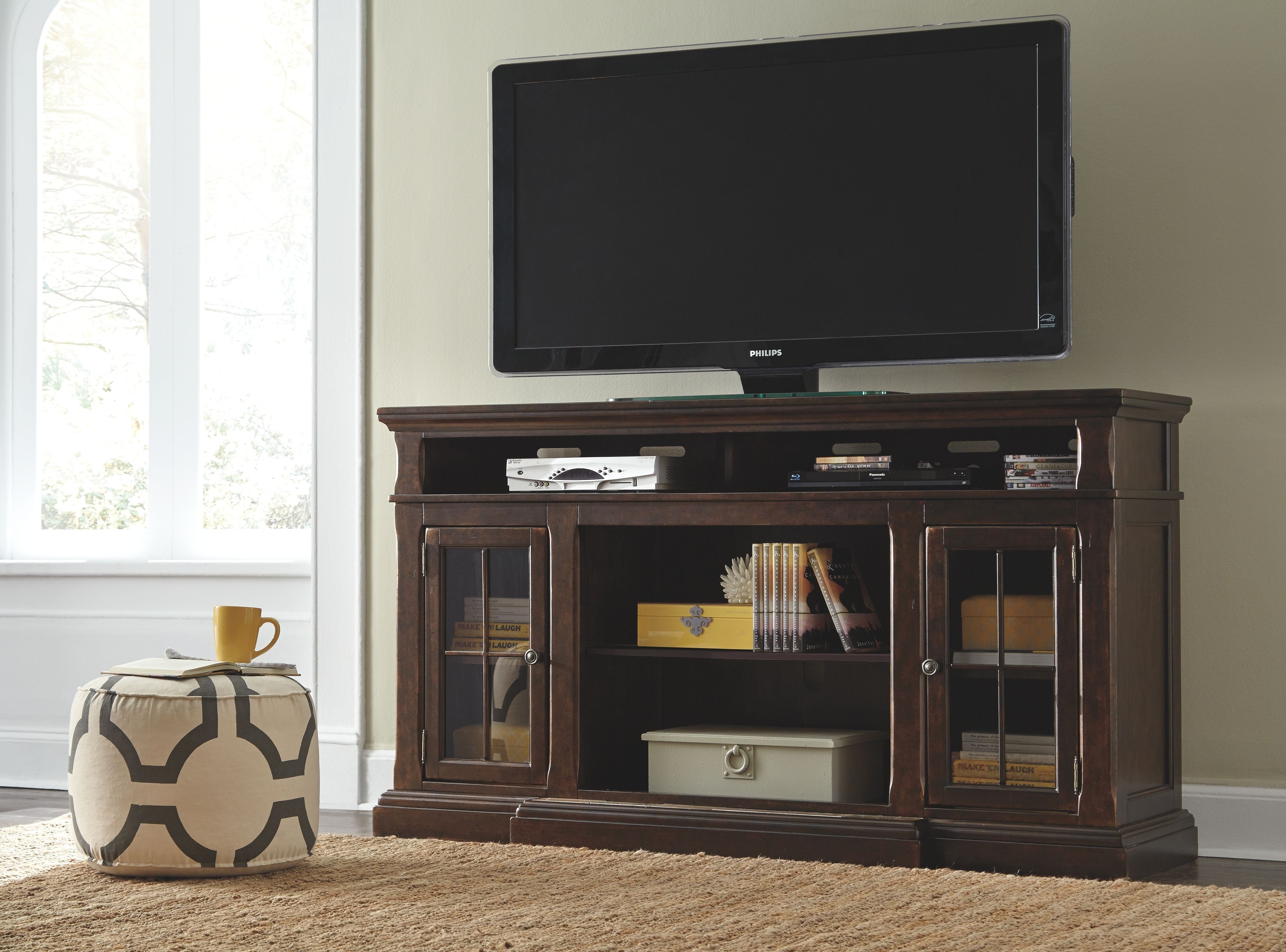 Signature Design by Ashley® Roddinton - Dark Brown - 2 Pc. - 74" TV Stand With Electric Infrared Fireplace Insert | Meri Furniture