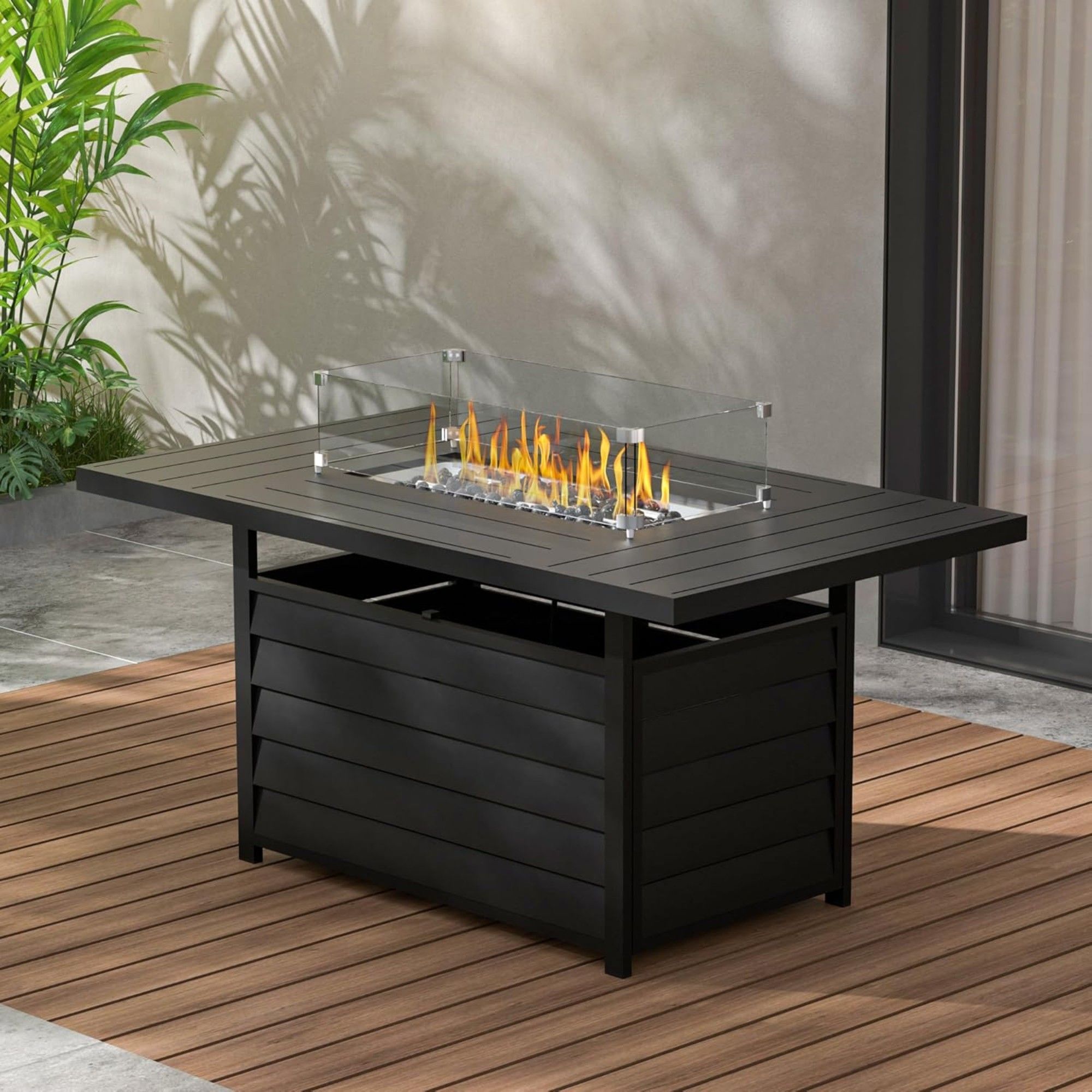 Rectangular Propane Fire Pit Table With Burner, Lava Rock, Waterproof Cover