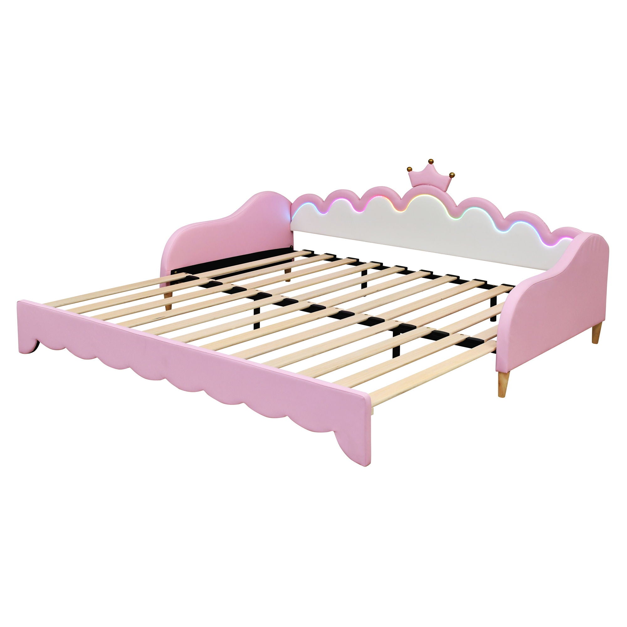 Extending Daybed With LED Lights, Modern Upholstered Princess Daybed With Crown Headboard