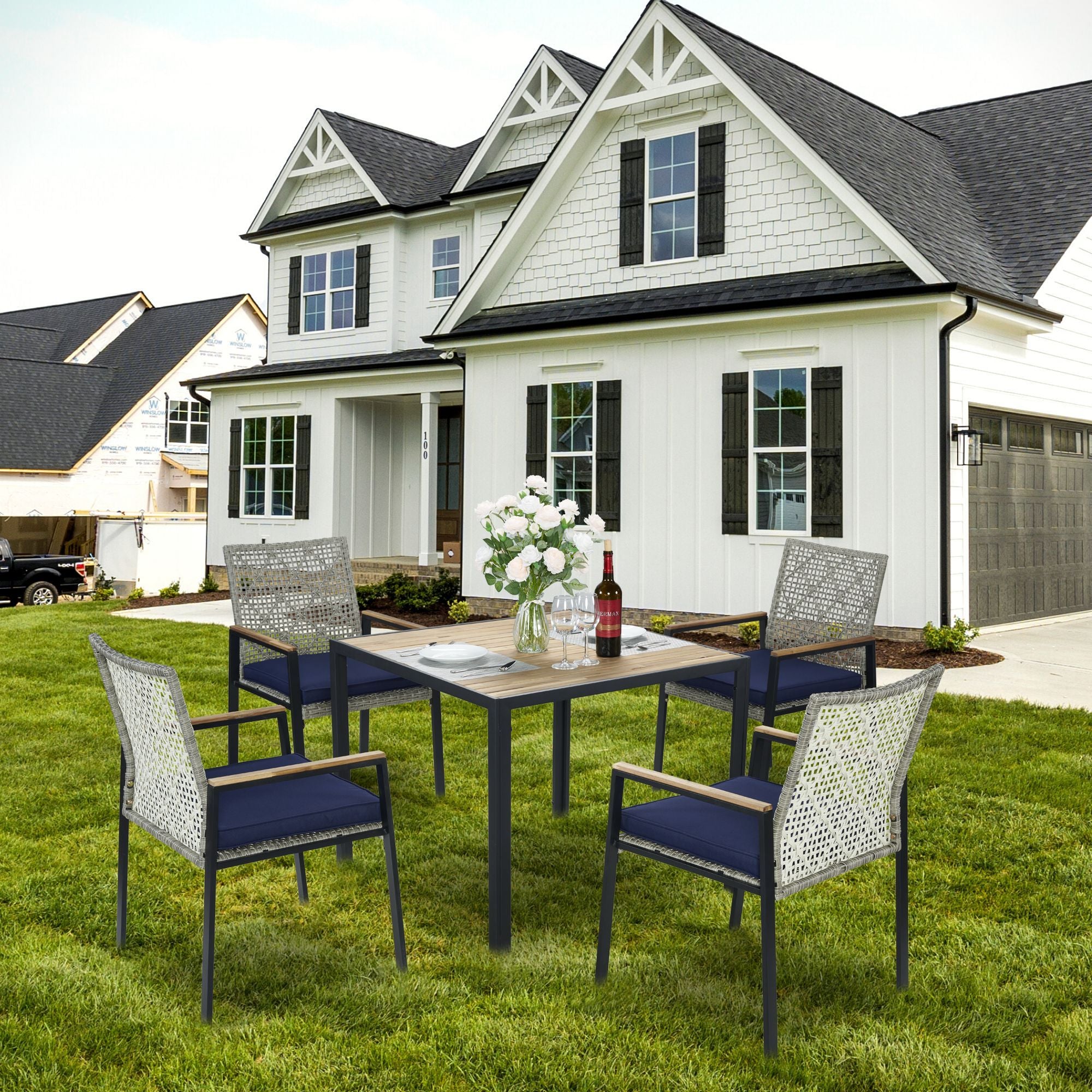 5 Piece Patio Dining Table Set, Acacia Wood Table Top With Umbrella Hole