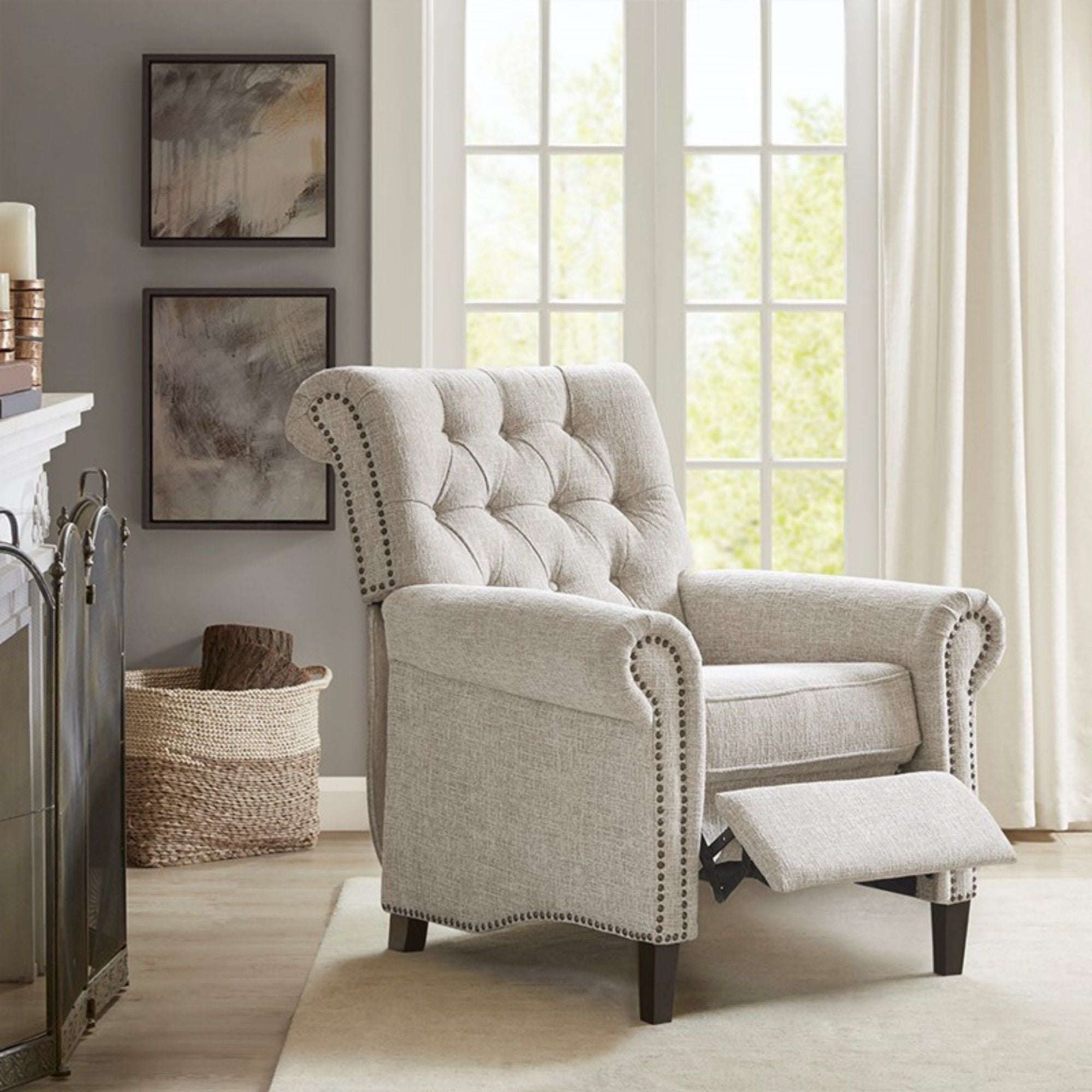 Aidan - Push Back Recliner Chair With Tufted Back And Nailhead Trim - Cream