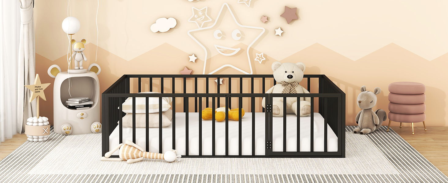 Metal Floor Bed Frame With Fence And Door