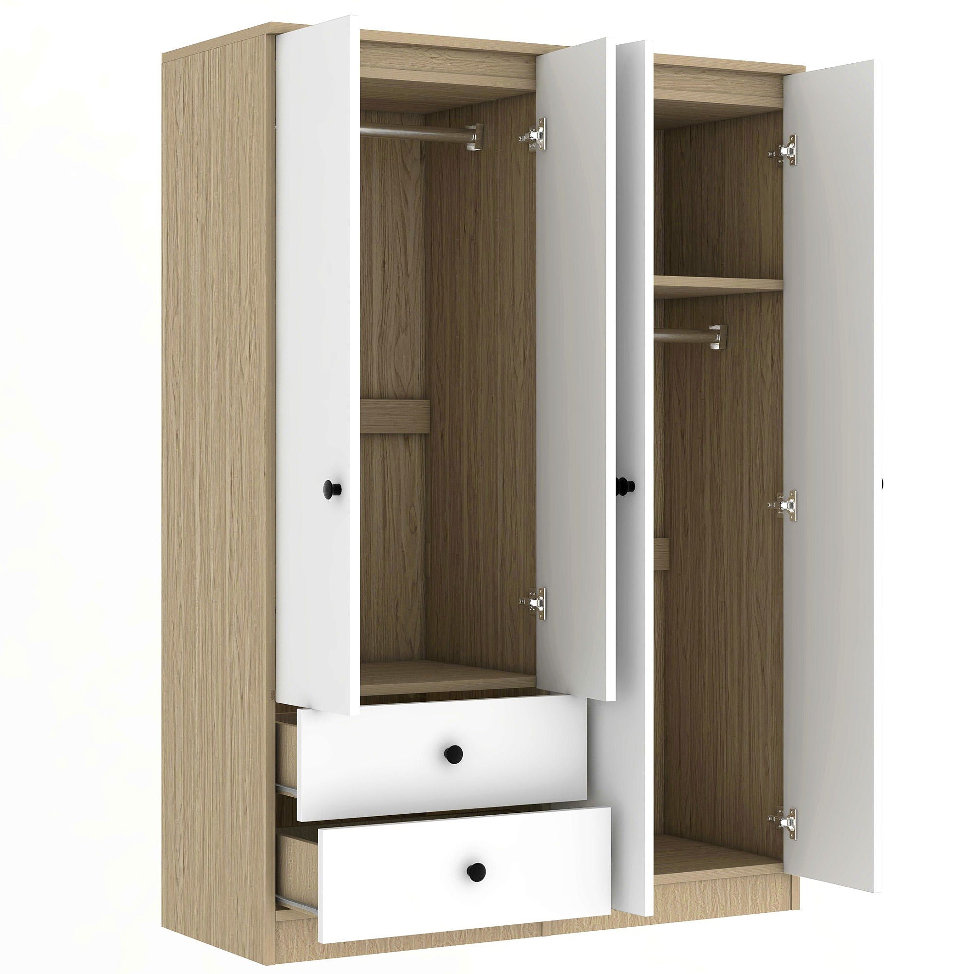 4 Door Wardrobe Closet With Drawers, Shelf, And Hanging Rod - White / Natural