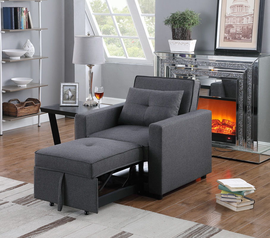 Zoey 33.25"W Dark Gray Linen Convertible Sleeper Chair with Side Pocket