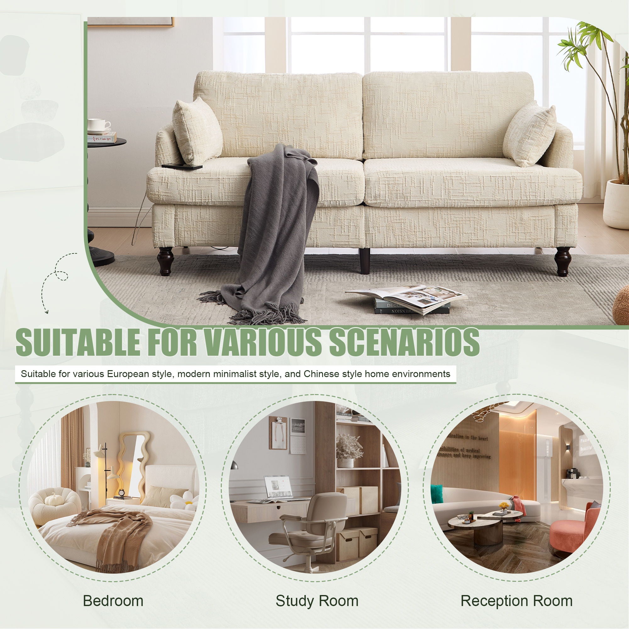 Chenille 2 Seater Sofa With LED Light, USB Charging Port, And Storage Bag