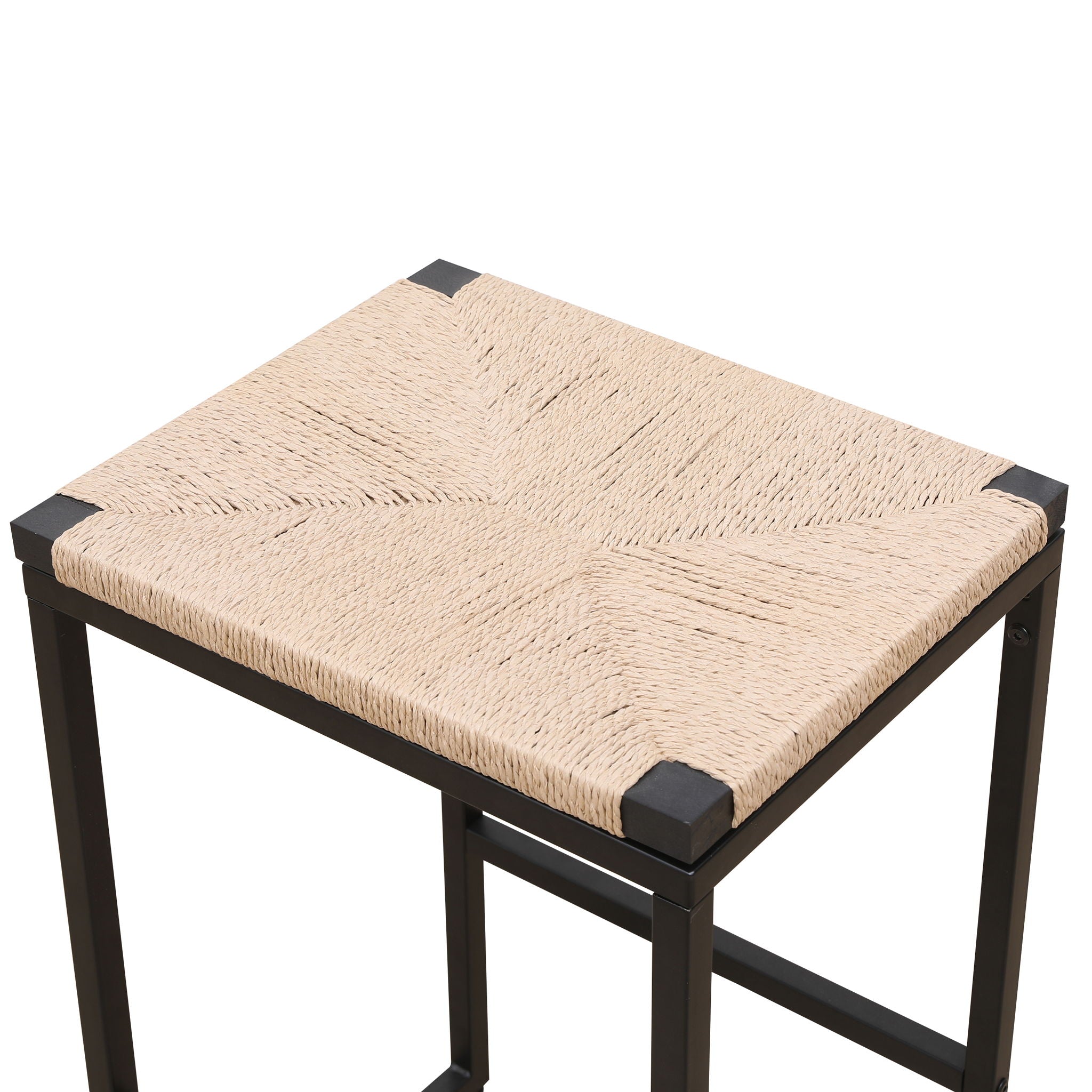 Boho Style Backless Bar Stools (Set of 2) With Paper Rope Woven Seat & Metal Frame For Kitchen Counter