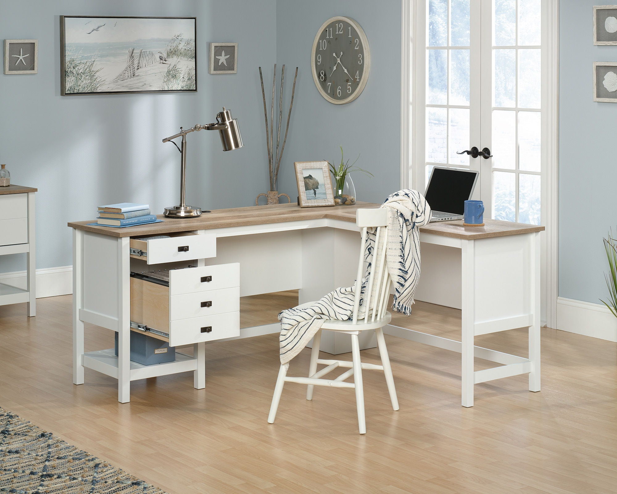 White L-Shaped Desk with Oak Finished Top