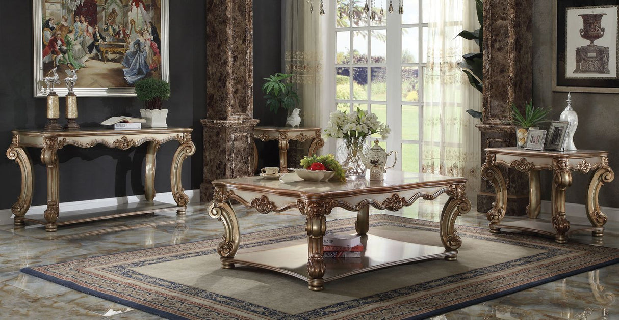 ACME KD, Table with Scrolled Leg and Bottom Shelf Top Apron: Scrolled Decor Trim | Meri Furniture