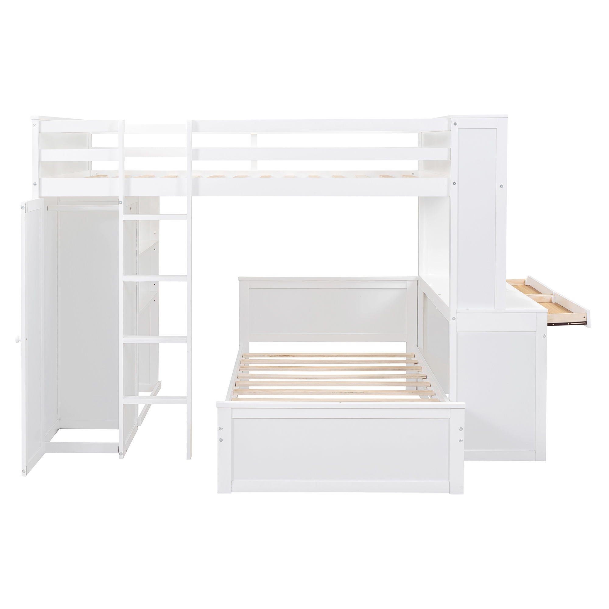Loft Bed With A Twin Size Standalone Bed, Shelves, Desk, And Wardrobe