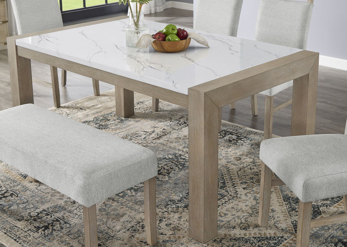 Tabitha 66" Rectangular White Faux Marble Top Dining Table in Light Oak Finish