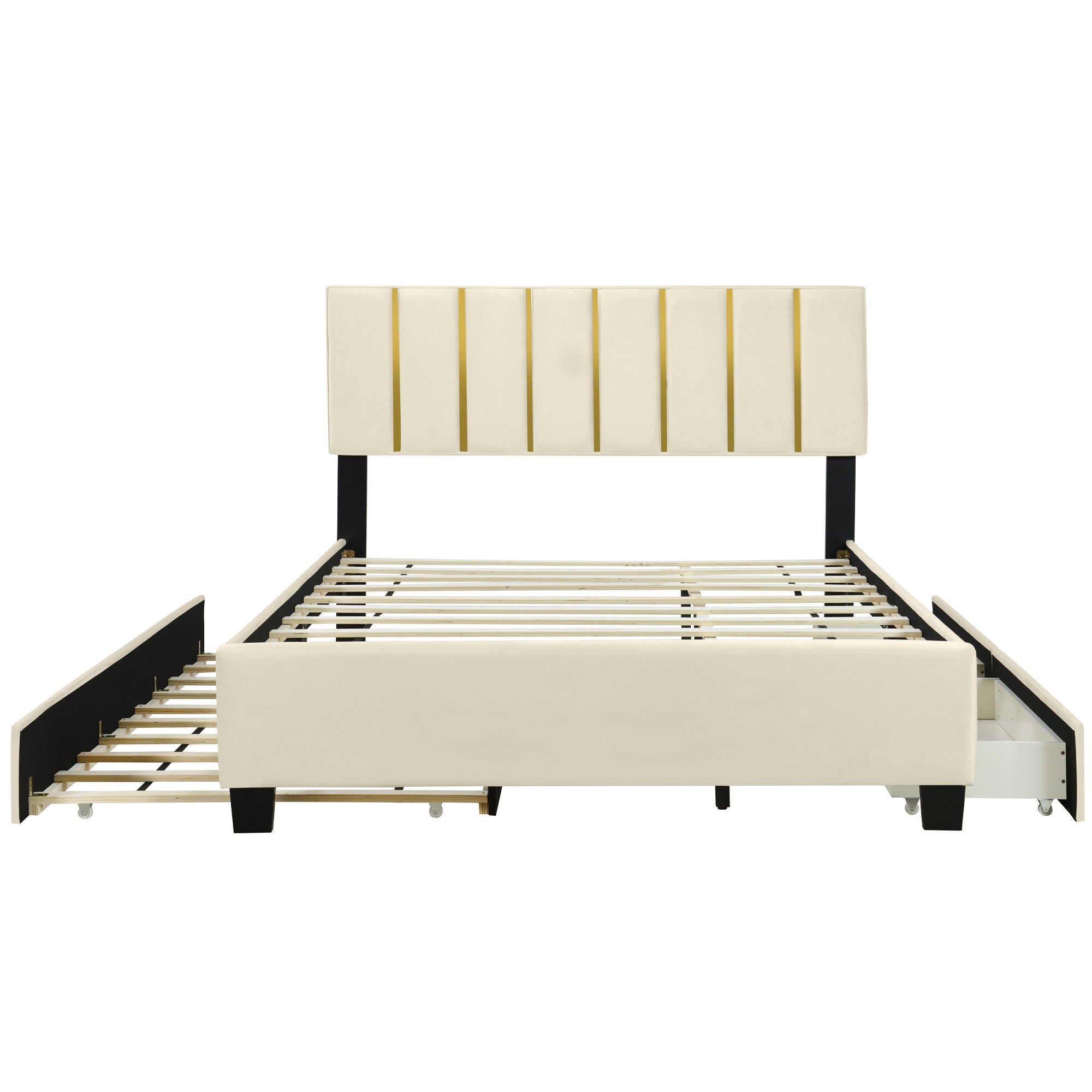 Upholstered Platform Bed With 2 Drawers And 1 Trundle, Classic Strip Headboard Design