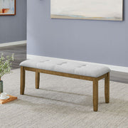 Darla Walnut Oak Dining Bench in Light Gray Fabric with Tufting