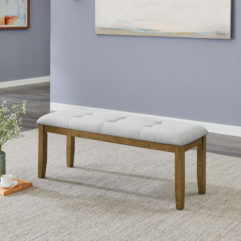 Darla Walnut Oak Dining Bench in Light Gray Fabric with Tufting