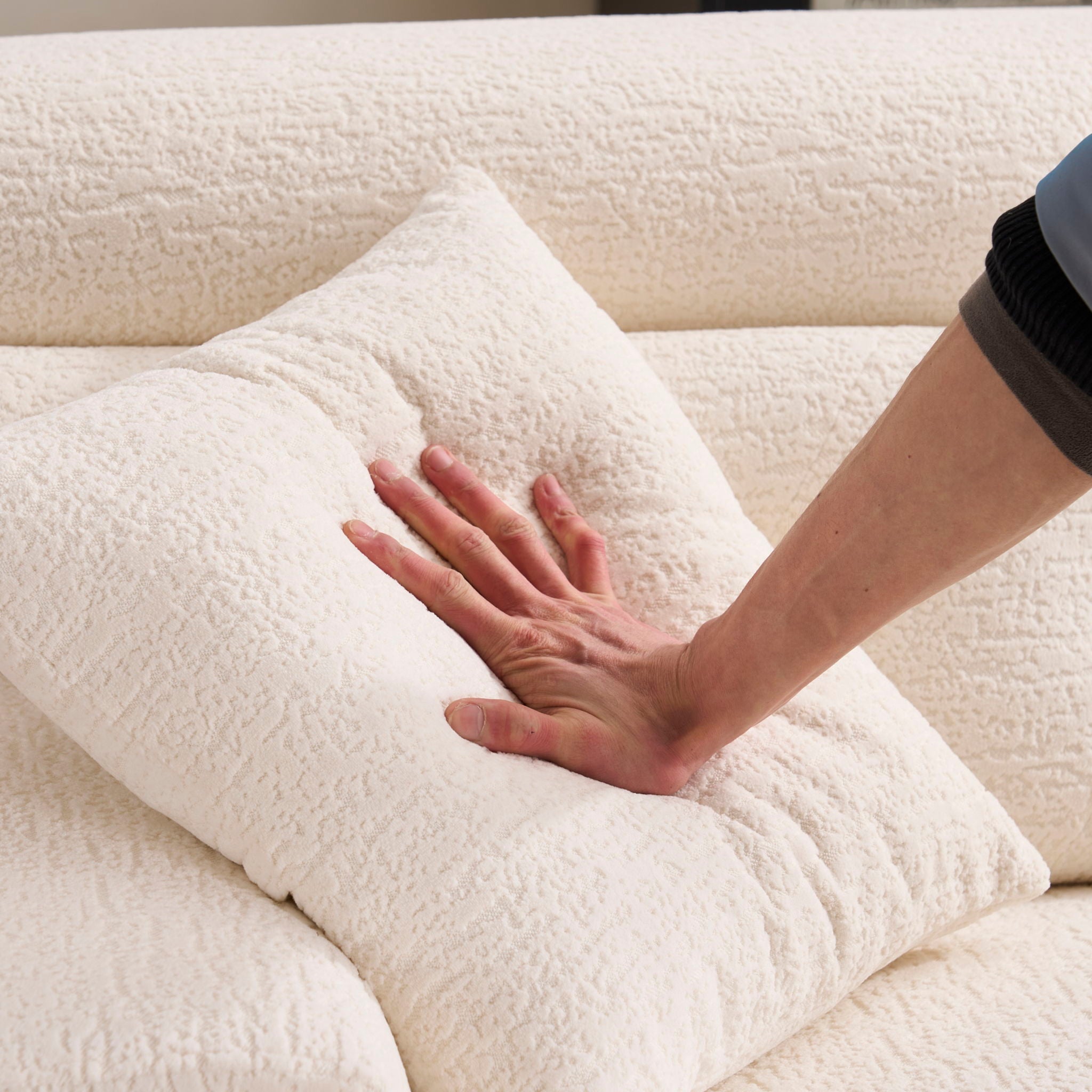 Ly 029B Convertible Chaise Sectional Sofa Full Compression Sponge Modular Couch Cloud 3 Seater Wood Grain Chenille 2 Pillows - Antique White