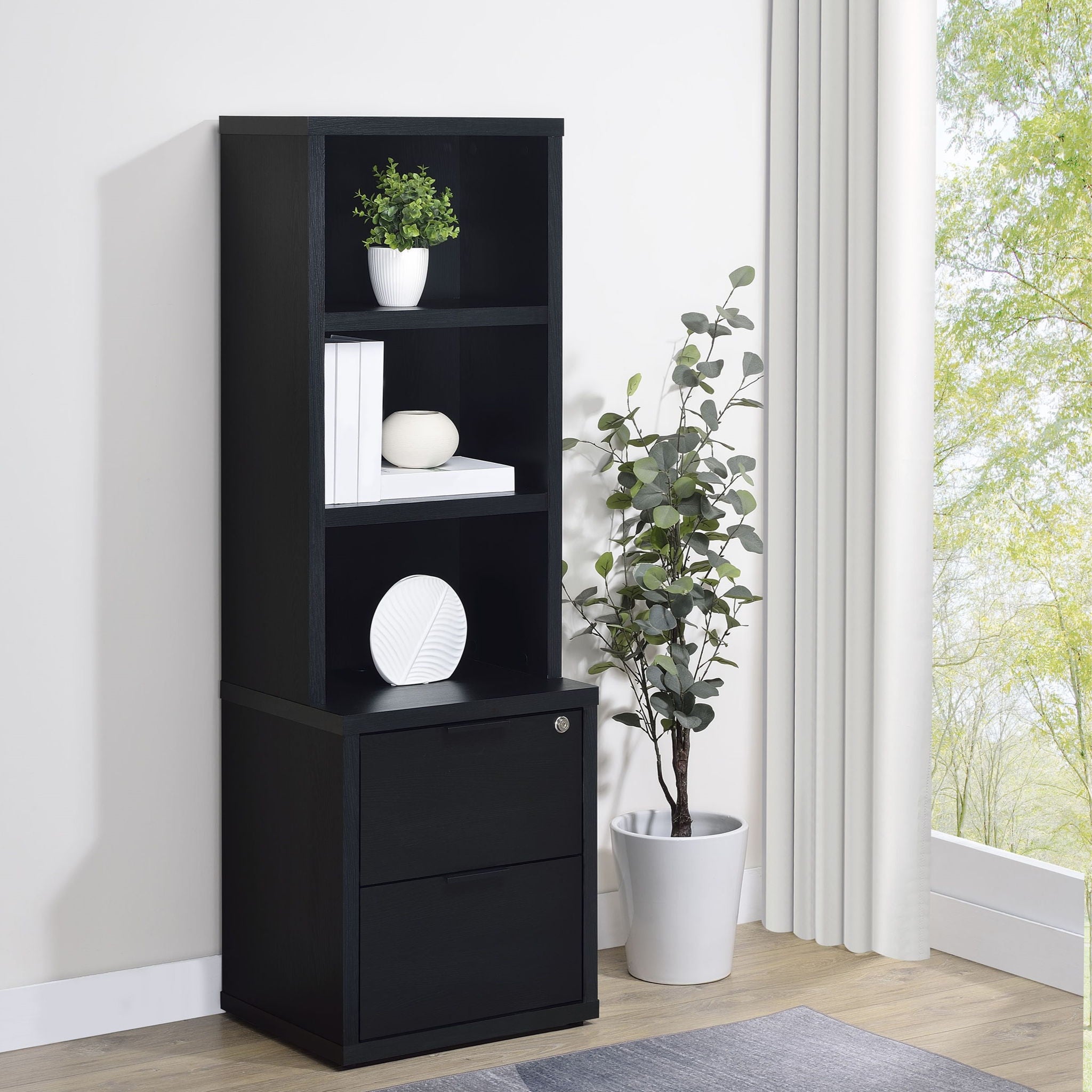 Multifunctional Bookcase With Three Open Shelves, 2 Drawers, Dual USB Charging Outlet