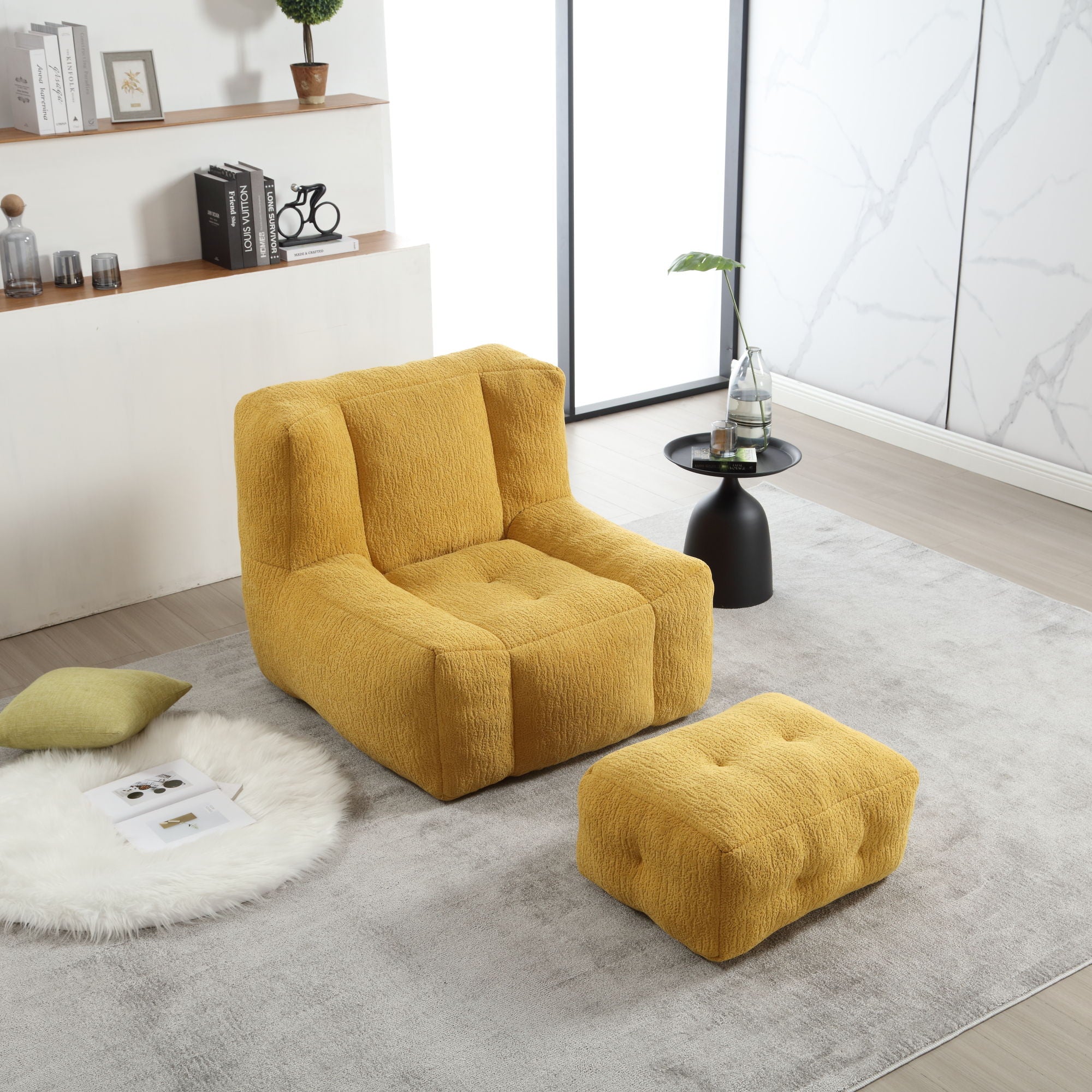 Modern Indoor Fluffy Bean Bag Chair With Memory Foam And Ottoman, Super Soft